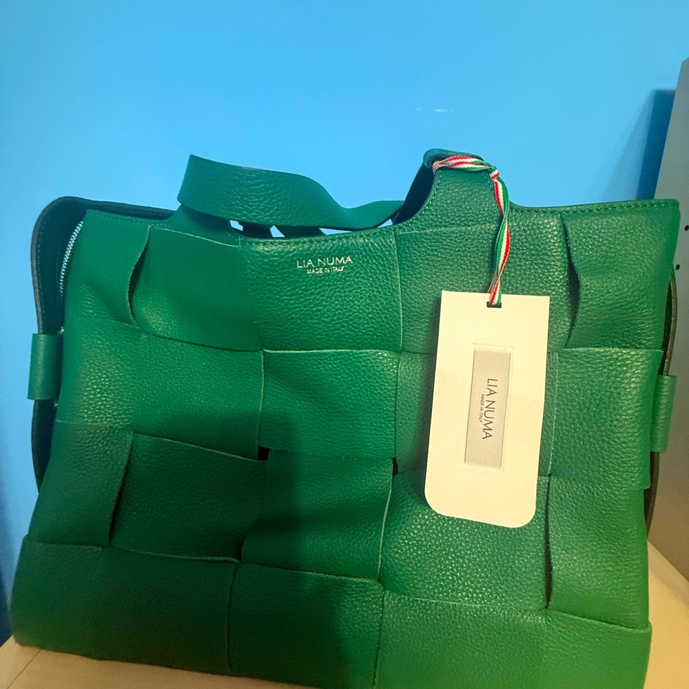 Lia Numa Green Woven Leather Tote Bag